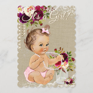 Burlap Mason Jar Baby Girl Shower Invitations