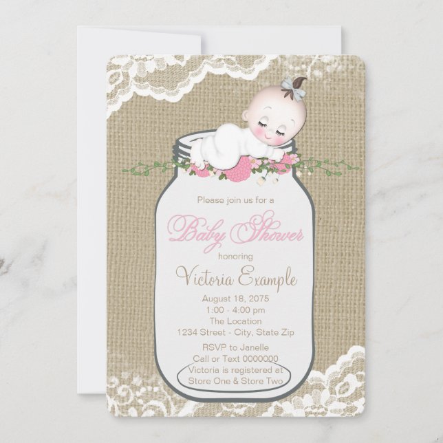 Burlap Mason Jar Baby Shower Invitation (Front)
