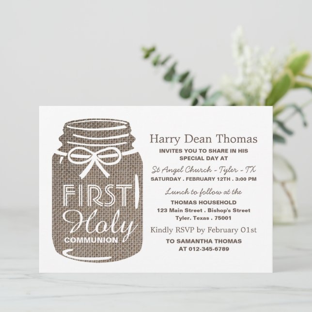 Burlap Mason Jar, First Holy Communion Announcement (Standing Front)
