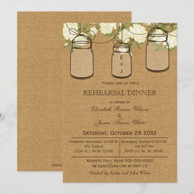 Burlap Mason Jar Ivory Floral Rehearsal Dinner Invitation (Front/Back)