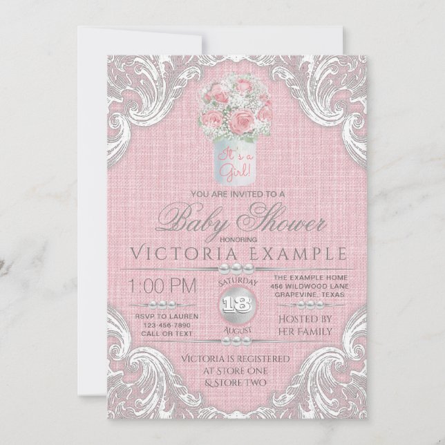 Burlap Mason Jar Rustic Baby Shower Invitations (Front)