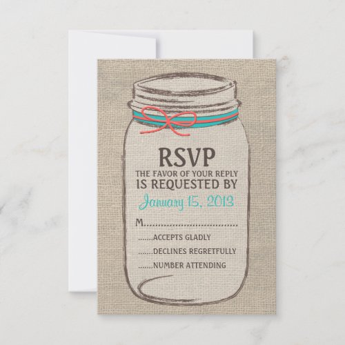 Burlap Mason Jar Rustic RSVP Card