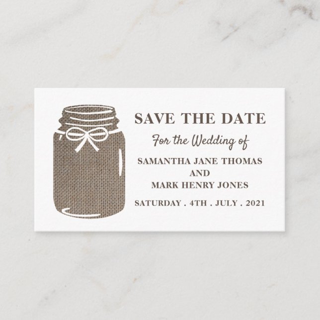 Burlap Mason Jar, Save the Date Enclosure Card (Front)