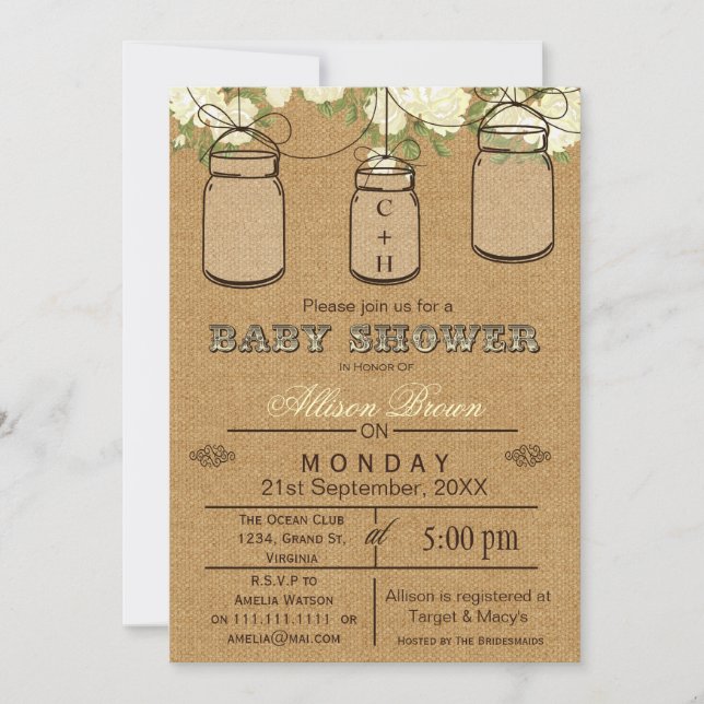 Burlap , mason jars, rustic baby shower Invites (Front)