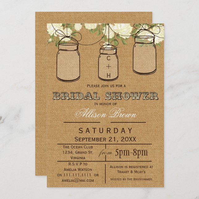 Burlap , mason jars, rustic bridal shower Invites (Front/Back)