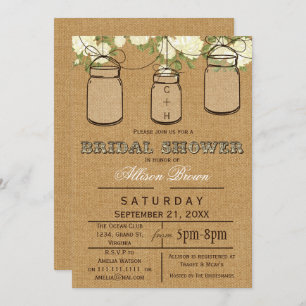Burlap , mason jars, rustic bridal shower Invites
