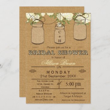 Burlap , mason jars, rustic bridal shower Invites