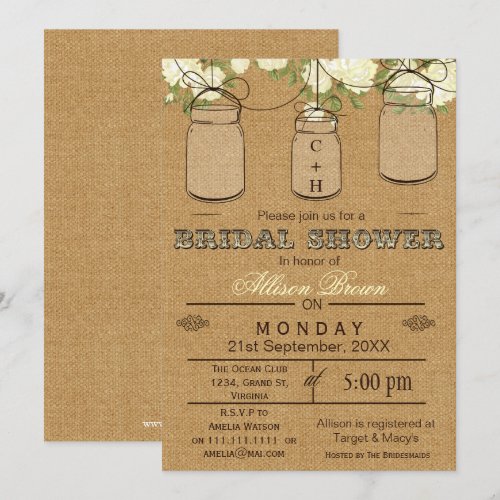 Burlap , mason jars, rustic bridal shower Invites