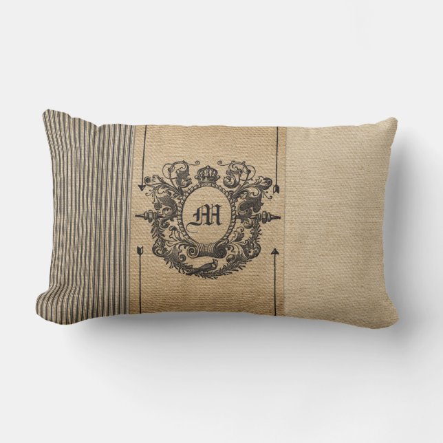 Burlap Monogram Vintage Style Lumbar Pillow (Front)