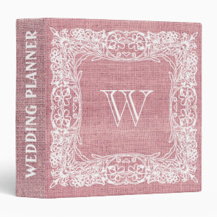 Burlap Monogram Wedding Floral Pink lace 3 Ring Binder
