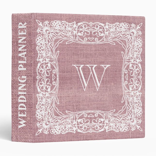 Burlap Monogram Wedding Floral Pink lace 3 Ring Binder (Front/Spine)