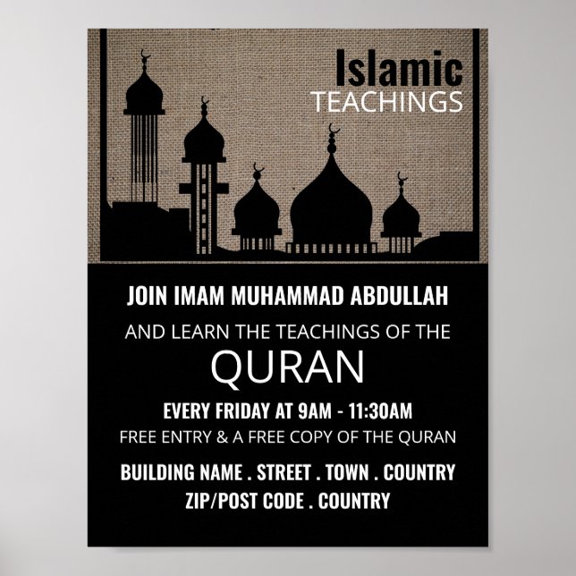 Burlap Mosque Silhouette, Islamic Teaching Advert Poster (Front)