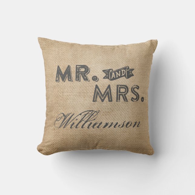 Burlap Mr. and Mrs. Forever and Always Throw Pillow (Front)