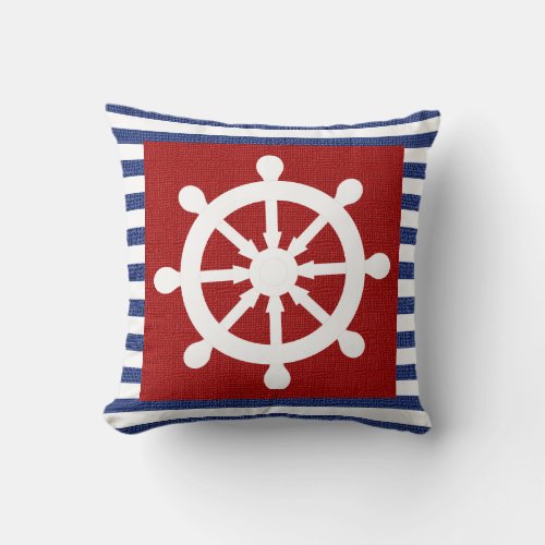 Burlap Nautical Helm on Red  Dark Blue Stripes Throw Pillow