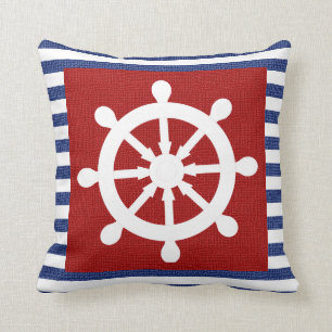 Burlap Nautical Helm on Red & Dark Blue Stripes Throw Pillow