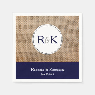 Burlap & Navy Blue Monogrammed Wedding Paper Napkins