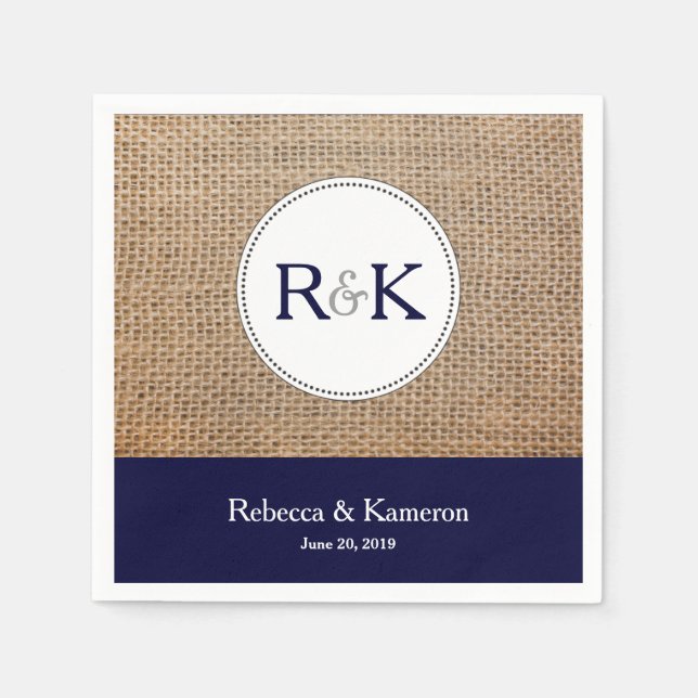 Burlap & Navy Blue Monogrammed Wedding Paper Napkins (Front)