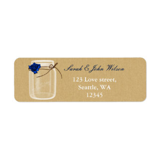 burlap navy blue rose mason jar address label
