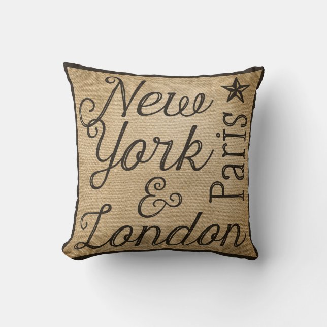 Burlap New York Paris London Throw Pillow (Front)
