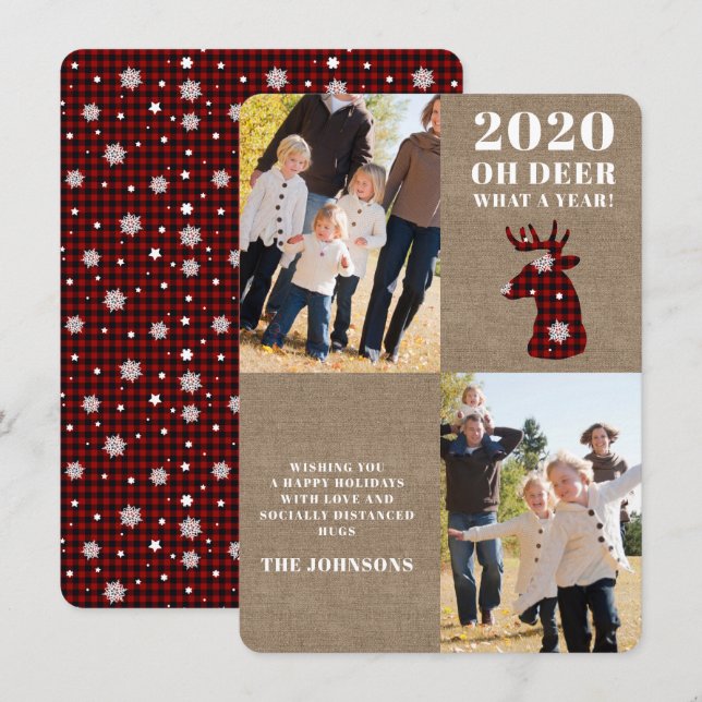 Burlap Oh Deer Plaid Snowflakes Photo Holiday Card (Front/Back)