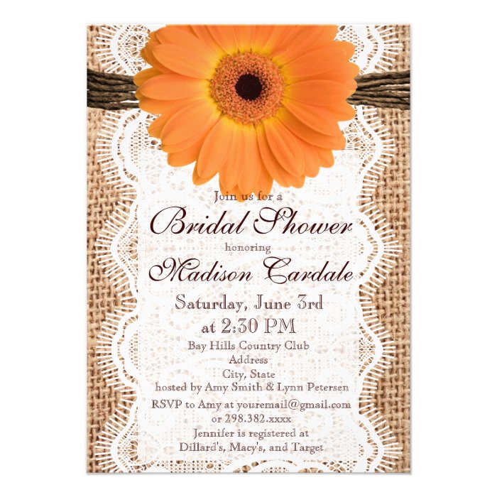 Burlap Orange Daisy Bridal Shower Invitations