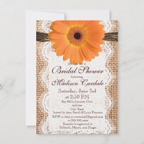 Burlap Orange Daisy Bridal Shower Invitations