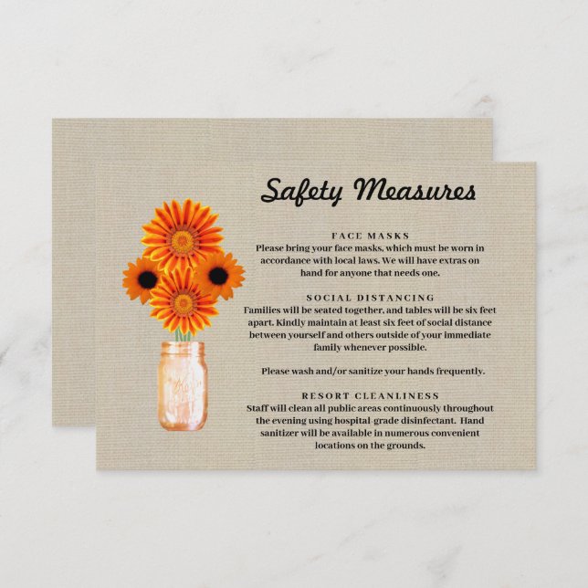 Burlap Orange Floral Mason Jar Safety Measures Enclosure Card (Front/Back)