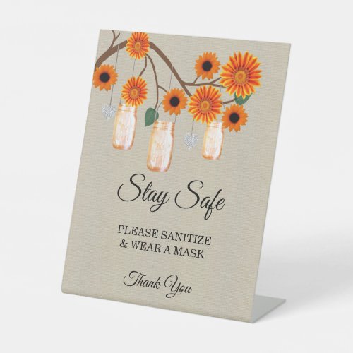 Burlap Orange Floral Mason Jar Wedding Safety  Pedestal Sign