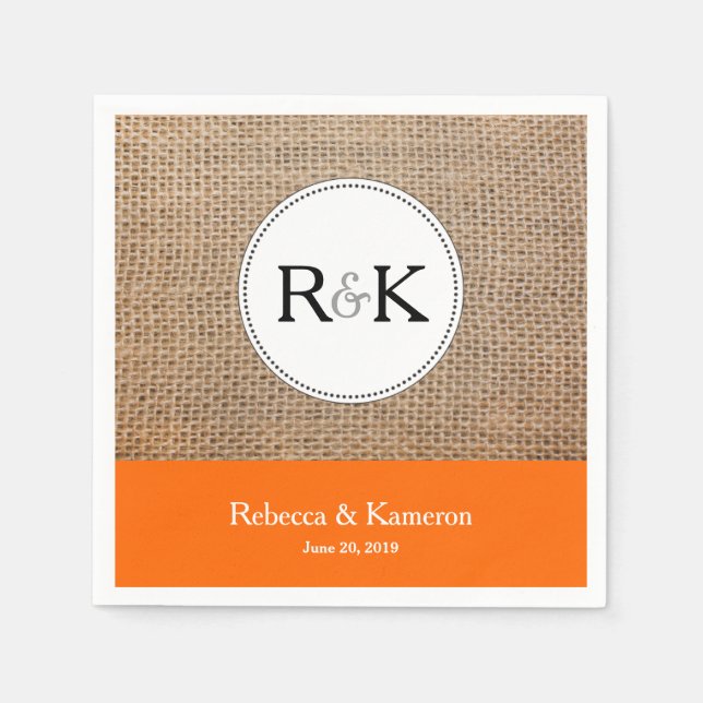 Burlap & Orange Monogrammed Wedding Napkins (Front)