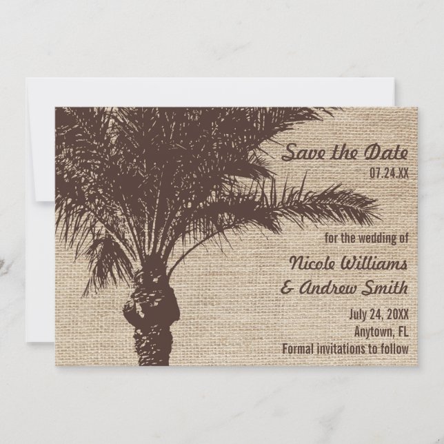 Burlap Palm Tree Brown Save the Date Announcement (Front)