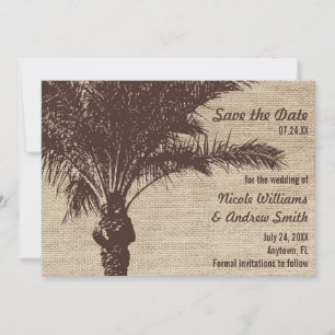 Burlap Palm Tree Brown Save the Date Announcement