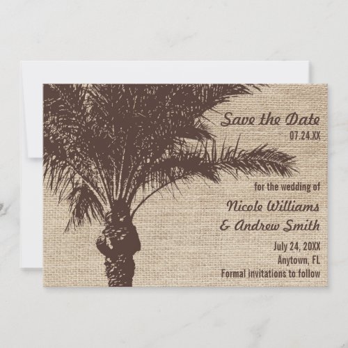 Burlap Palm Tree Brown Save the Date Announcement