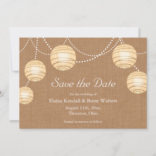 Burlap Party Lanterns Save the Date Invitation (Front)