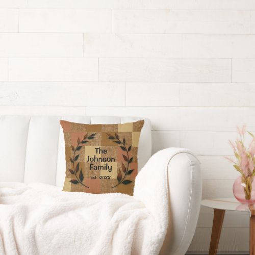 Burlap Pattern with Silhouette Family Surname  Throw Pillow