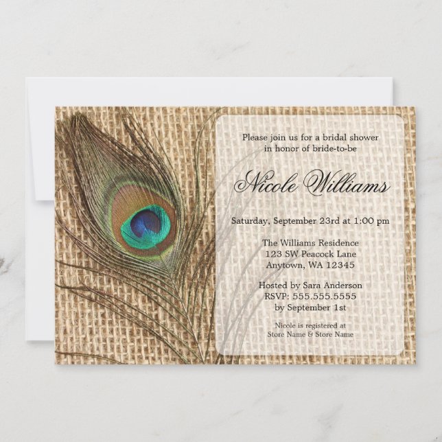 Burlap Peacock Feather Bridal Shower Invitations (Front)