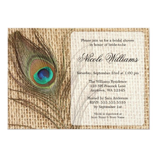 Burlap Peacock Feather Bridal Shower Invitations Zazzle Com Peacock Bridal Shower Invitations Templates