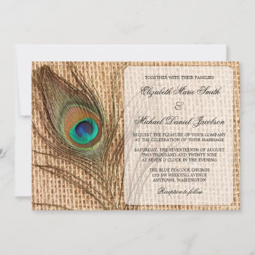Burlap Peacock Feather Wedding Invitation