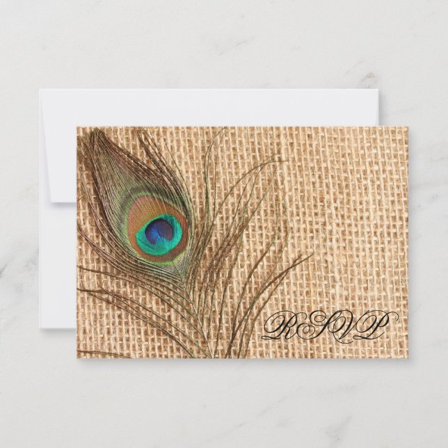 Burlap Peacock Feather Wedding RSVP Card (Front)