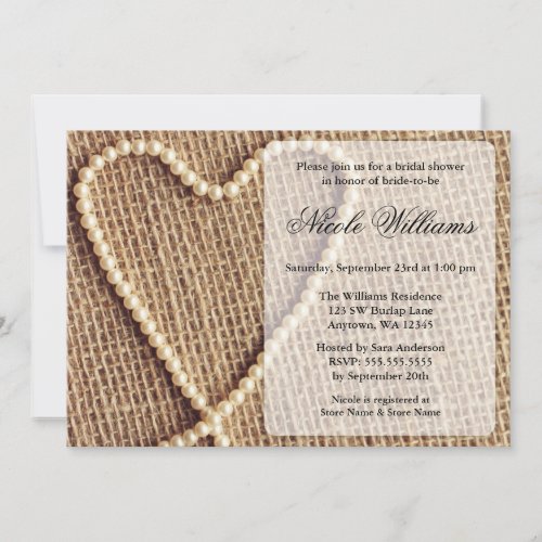 Burlap Pearl Heart Bridal Shower Invitations