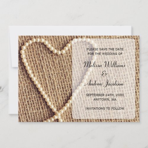 Burlap Pearl Heart Save the Date Announcement