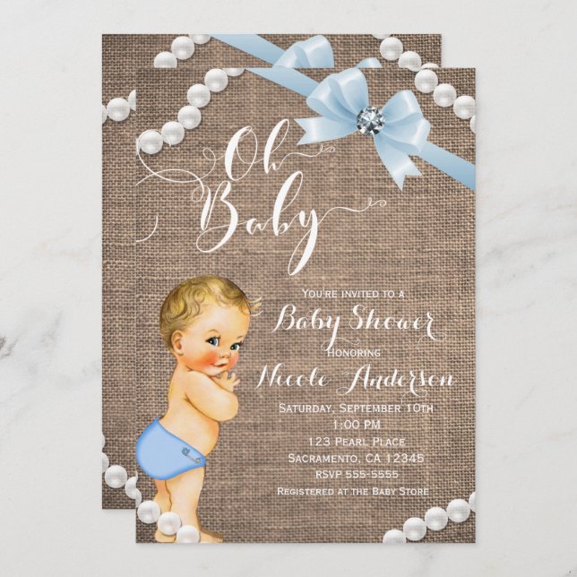 Burlap & Pearls Blue Bow Blonde Baby Boy Shower Invitation (Front/Back)