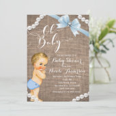 Burlap & Pearls Blue Bow Blonde Baby Boy Shower Invitation (Standing Front)