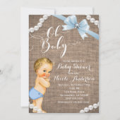 Burlap & Pearls Blue Bow Blonde Baby Boy Shower Invitation (Front)