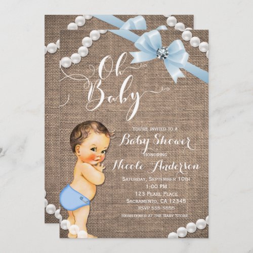 Burlap  Pearls Blue Bow Brunette Baby Boy Shower Invitation