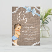 Burlap & Pearls Blue Bow Brunette Baby Boy Shower Invitation (Standing Front)