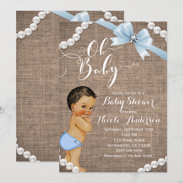Burlap & Pearls Blue Bow Brunette Tan Baby Shower Invitation (Front/Back)
