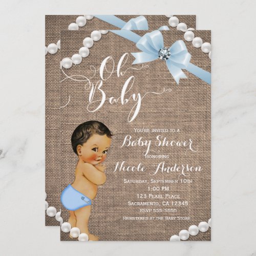 Burlap  Pearls Blue Bow Brunette Tan Baby Shower Invitation