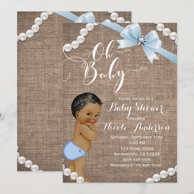 Burlap & Pearls Blue Bow Ethnic Baby Boy Shower Invitation (Front/Back)
