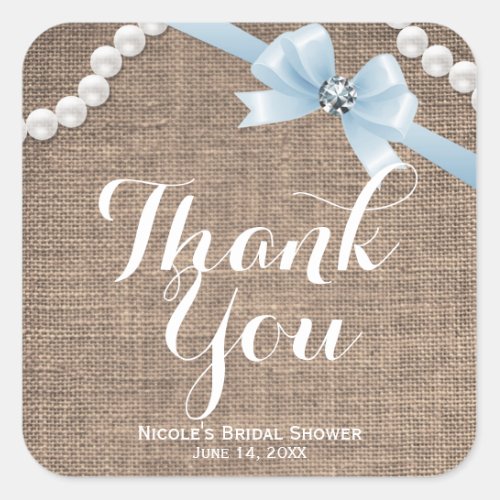 Burlap  Pearls Blue Bow Glamour Party Favor Square Sticker
