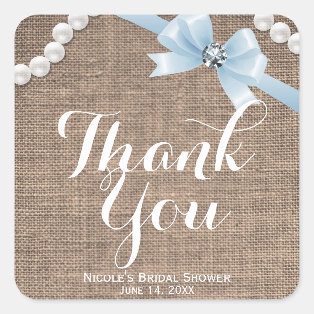 Burlap & Pearls Blue Bow Glamour Party Favor Square Sticker (Front)